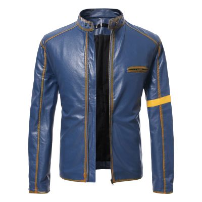 Maiyifu-GJ Men's Vintage Distressed Biker Leather Jacket Retro Slim Fit Motorcycle Biker Jacket Casual Zip Up Bomber Coat (Dark Blue,Large)