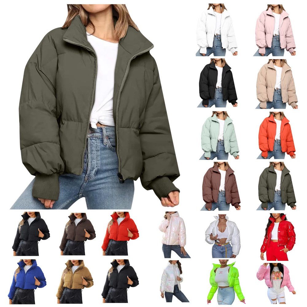 tuduoms Women's Winter Cropped Puffer Jacket Fashion Warm Oversized Stand Collar Quilted Lightweight Puffy Short Down Coat