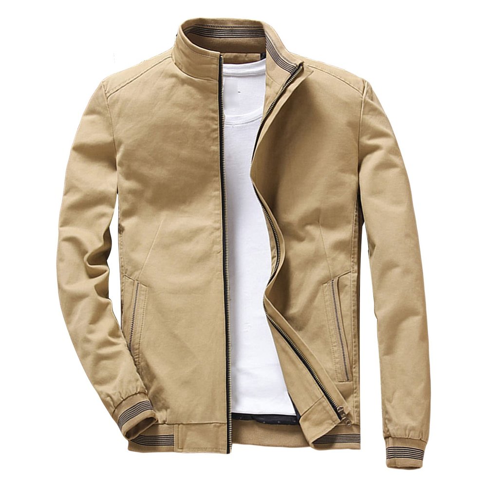 Maiyifu-GJ Men's Casual Washed Cotton Jacket Military Stand Collar Outdoor Windbreaker Lightweight Slim Fit Army Coat (Dark Khaki,Medium)