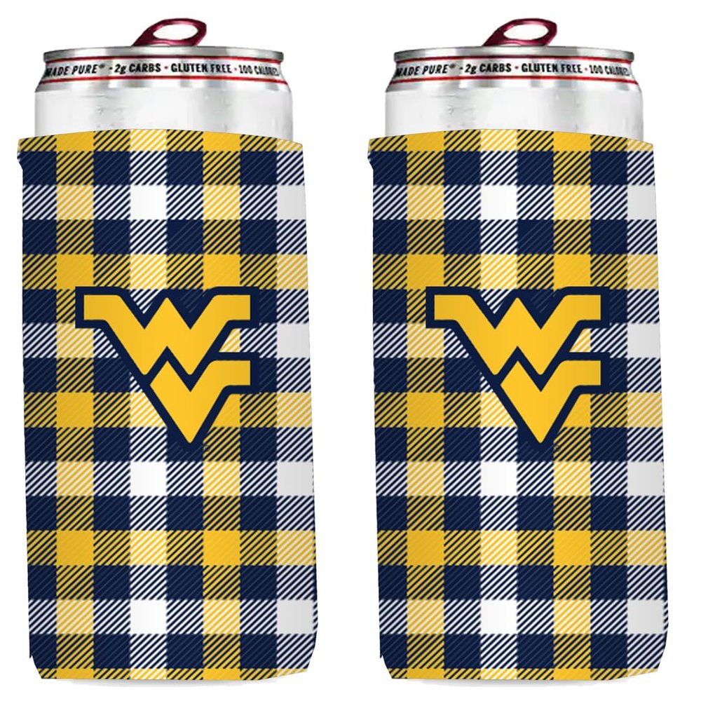 College Team Logo Ultra Slim Beer 12oz Can Holder Coolers - 2-Pack (West Virginia (Mountaineers) - Plaid Collapsible)