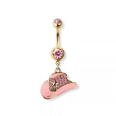 14GA 316L Stainless Steel CZ Crystal Paved Cowboy Hat Belly Button Ring (Gold Tone/Pink)