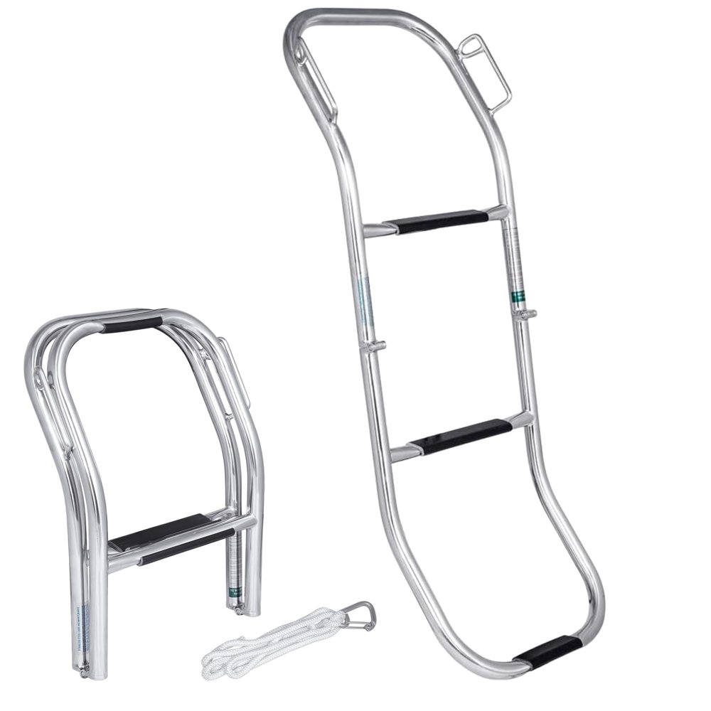 White Water  3-Step Removable Inflatable Boat Boarding Solution | 304 Stainless Steel Folding Design with Adjustable Lanyard and Carabiner for Boats, Yachts, Ships, Dinghies, Kayaks | AM1013S