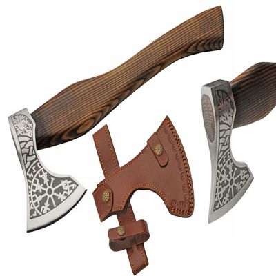 SZCO 18" Burnt Ash Wood Handle Nordic Fenrir Viking Axe with Leather Sheath, Brown (882458)