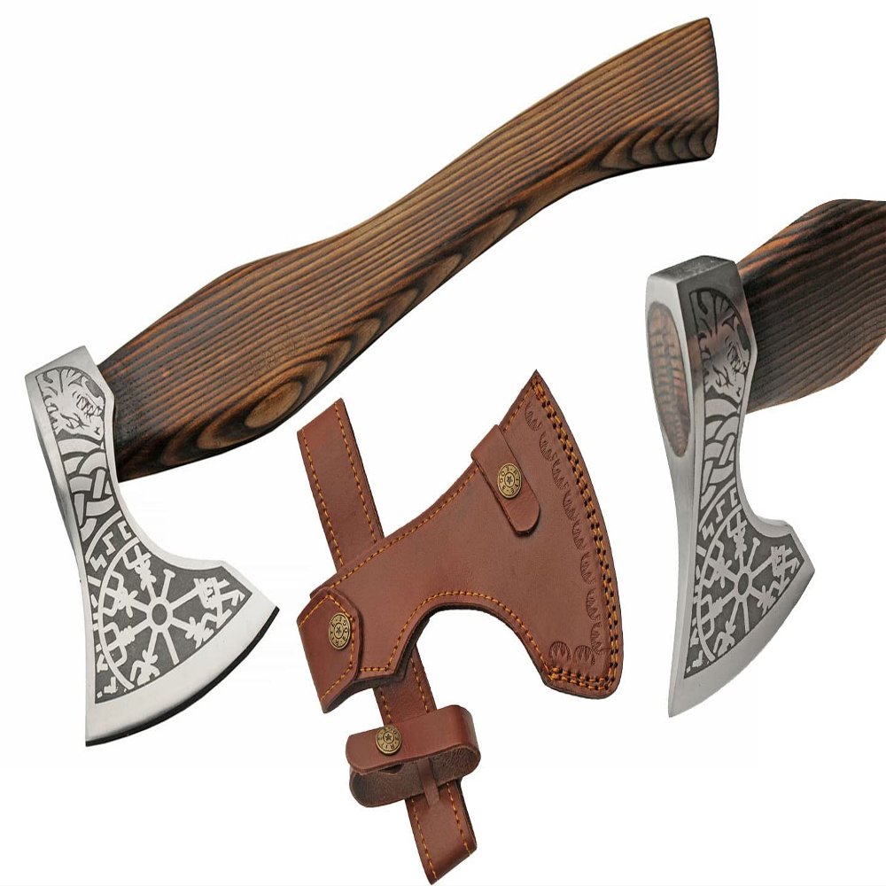 SZCO 18" Burnt Ash Wood Handle Nordic Fenrir Viking Axe with Leather Sheath, Brown (882458)
