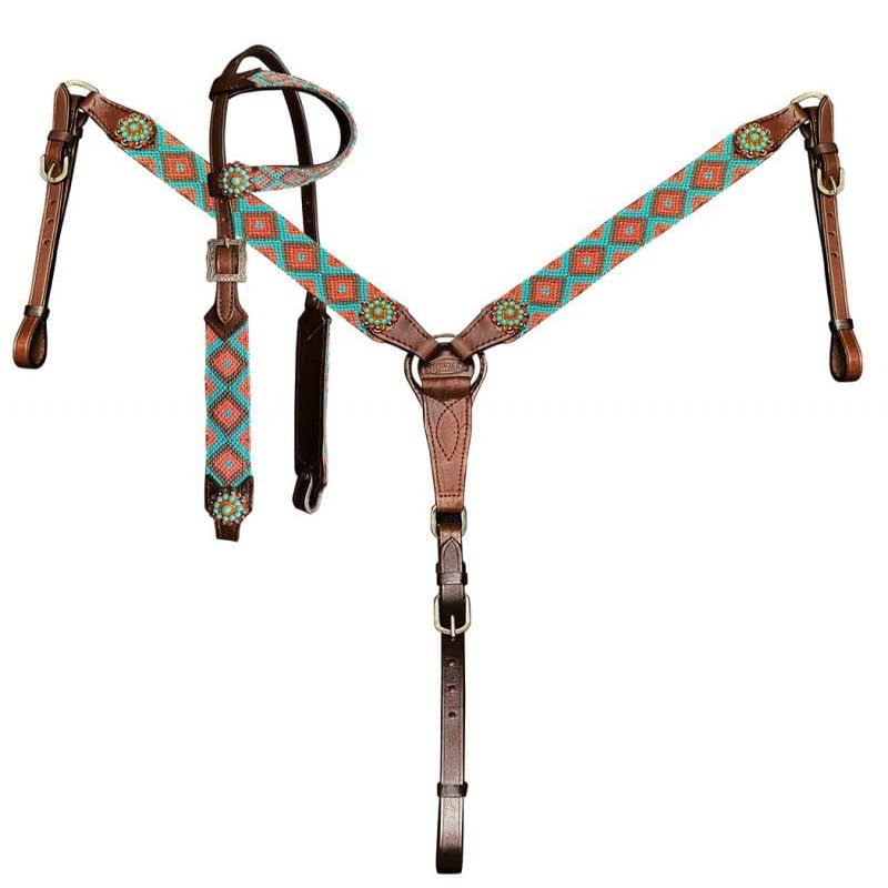 Showman Single Ear Leather Headstall & Breast Collar Set w/Teal & Coral Southwest Woven Fabric Overlay