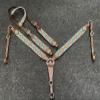 Showman Single Ear Leather Headstall & Breast Collar Set w/Teal & Coral Southwest Woven Fabric Overlay view 2