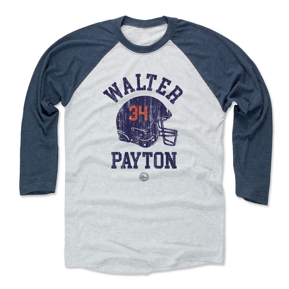 500 LEVEL Walter Payton 3/4 Sleeve T-Shirt (Baseball Tee, XXX-Large, Indigo/Ash) - Walter Payton Chicago Helmet Font