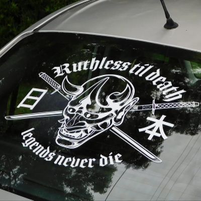 Gy Vinyl Arts Ruthless Til Death V1 Rear Window Decal Car Sticker Banner JDM Vinyl Graphic Kanji Japanese Oni (Silver Chrome)