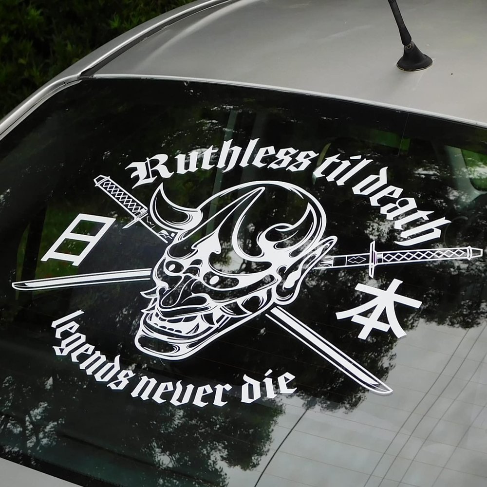 Gy Vinyl Arts Ruthless Til Death V1 Rear Window Decal Car Sticker Banner JDM Vinyl Graphic Kanji Japanese Oni (Silver Chrome)