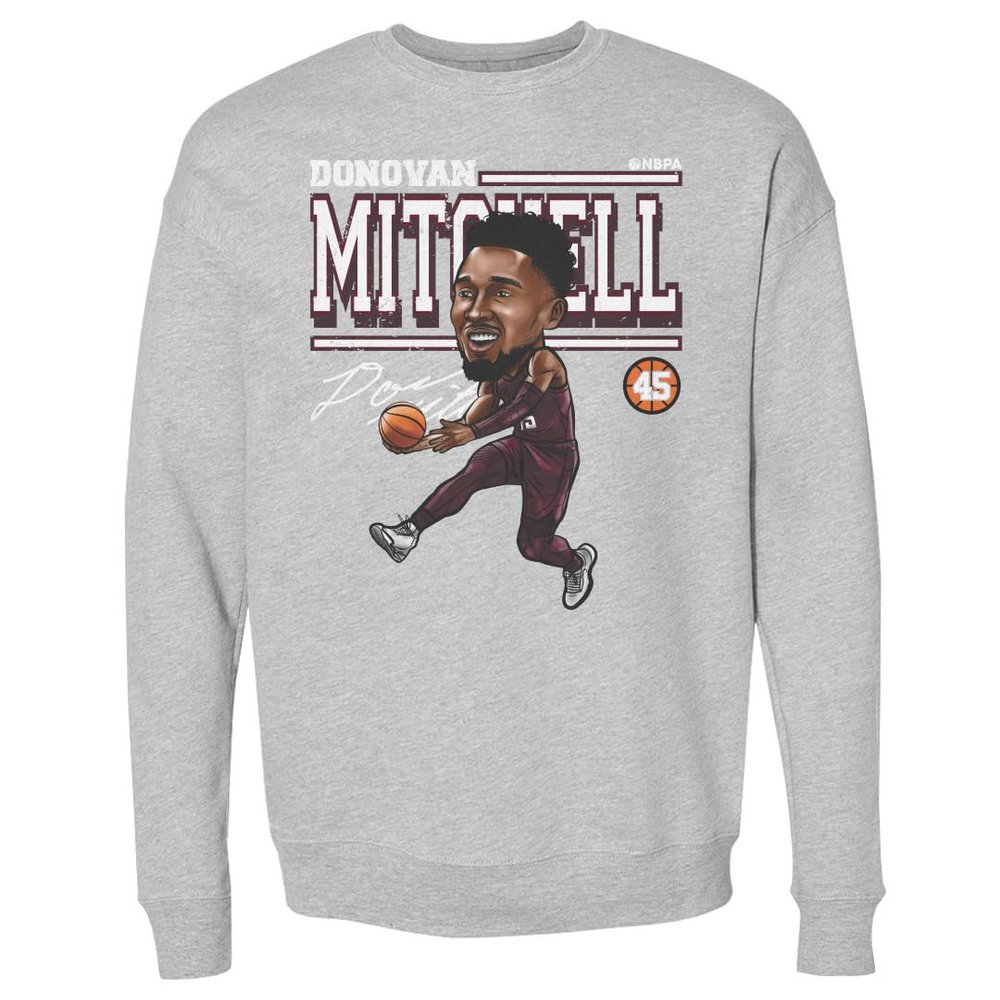 500 LEVEL Donovan Mitchell Sweatshirt (Crew Sweatshirt, XX-Large, Heather Gray) - Donovan Mitchell Cleveland Cartoon WHT