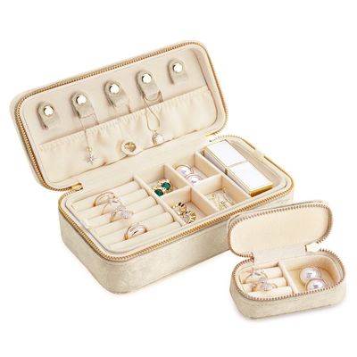 TAIMY Velvet Jewelry Boxes, Plush Velvet 2 Layer Travel Jewelry Organizer for Women, Portable Travel Jewelry Case Ring Earrings Necklace Bracelet Storage Holder Display(Beige)