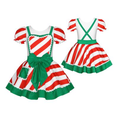 JEATHA Kids Girls Figure Skating Baton Twirling Tutu Dress Christmas Candy Cane Striped Dance Costume White 6 Years