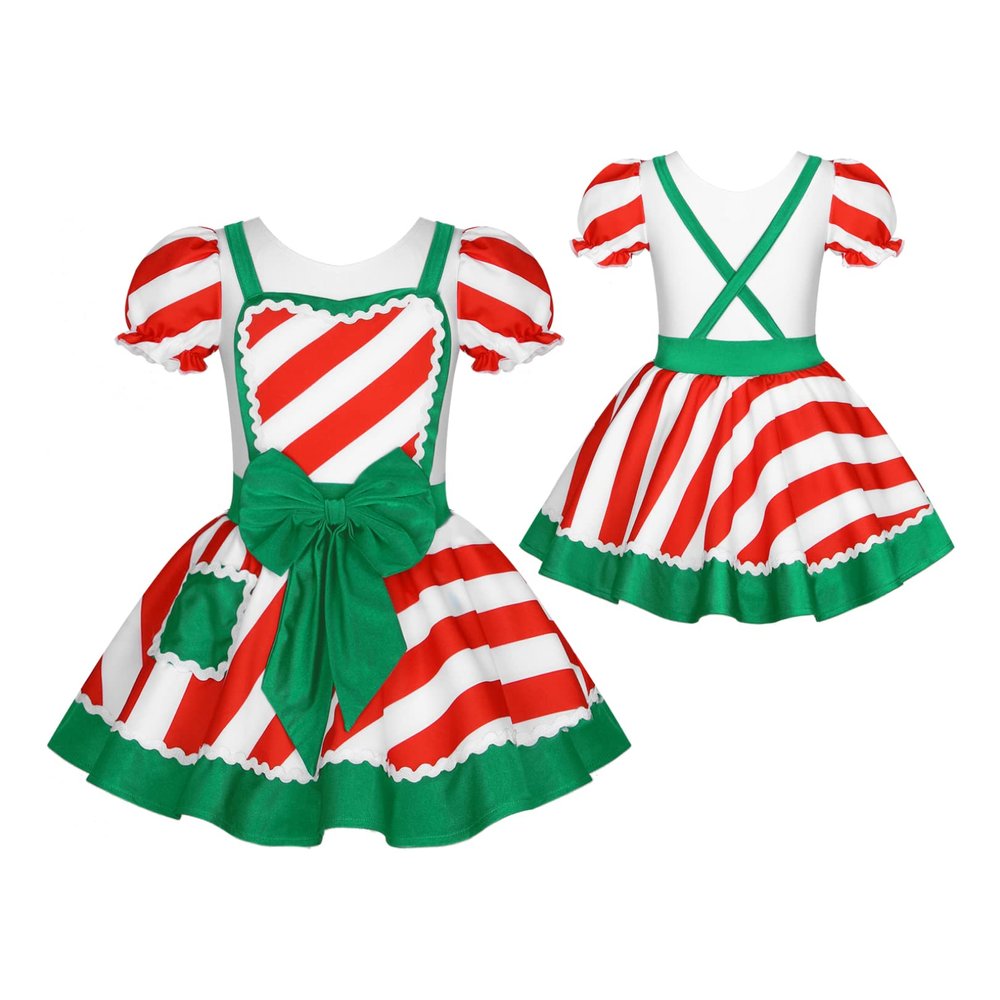 JEATHA Kids Girls Figure Skating Baton Twirling Tutu Dress Christmas Candy Cane Striped Dance Costume White 6 Years