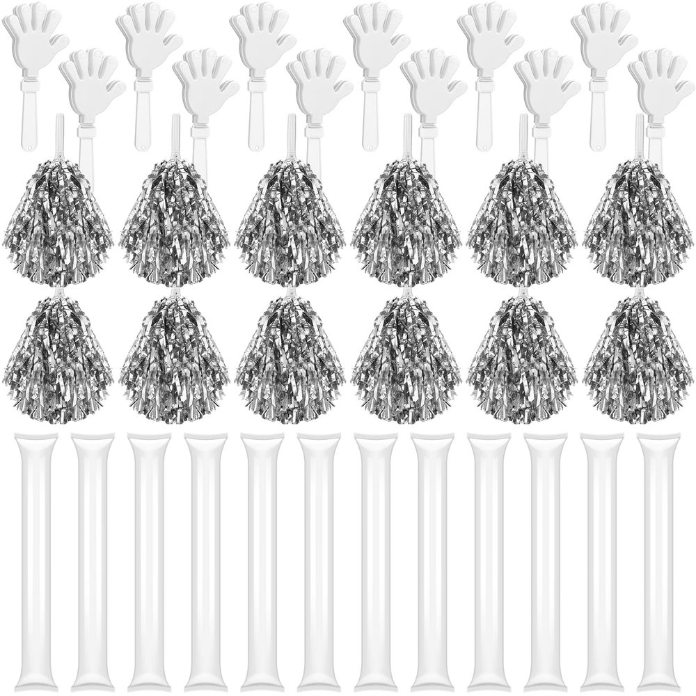 Sosation 36 Pcs Team Spirit Accessories, Cheerleading Pom Poms Hand Clappers Party Favors and Thunder Sticks Noise Makers for Sporting Events Football Baseball Cheering Essentials(White)