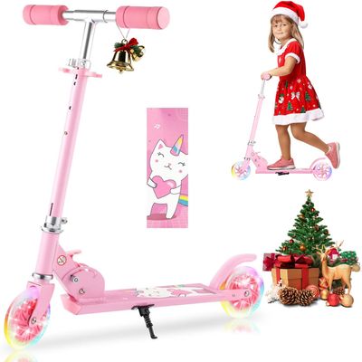 Scooter for Kids Ages 3-8 - Kids Kick Scooters with Led Light Up Wheels & 3 Levels Adjustable Handlebar, Lightweight Foldable 2 Wheel Girly Pink Scooter, Christmas Birthday Gifts for Girls Boys.