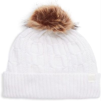 Calvin Klein Women`s Faux Fur Cable Knit Pom Pom Beanie (as1, Alpha, one_Size, Standard, Cream, One Size)