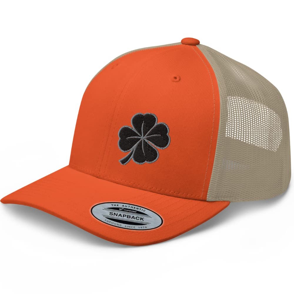 RIVEMUG Lucky Clover Collection | Premium Trucker Hat | Embroidered 4 Leaf Irish Lucky Dubh Clover Baseball Cap Orange