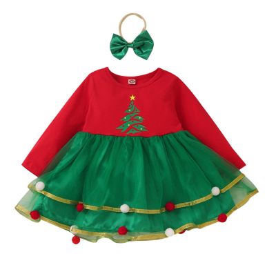 1st Birthday Girl Dress Toddler Girls Long Sleeve Christmas Tree Printed Mesh Tulle Dress Princess (Green, 2-3 Years)