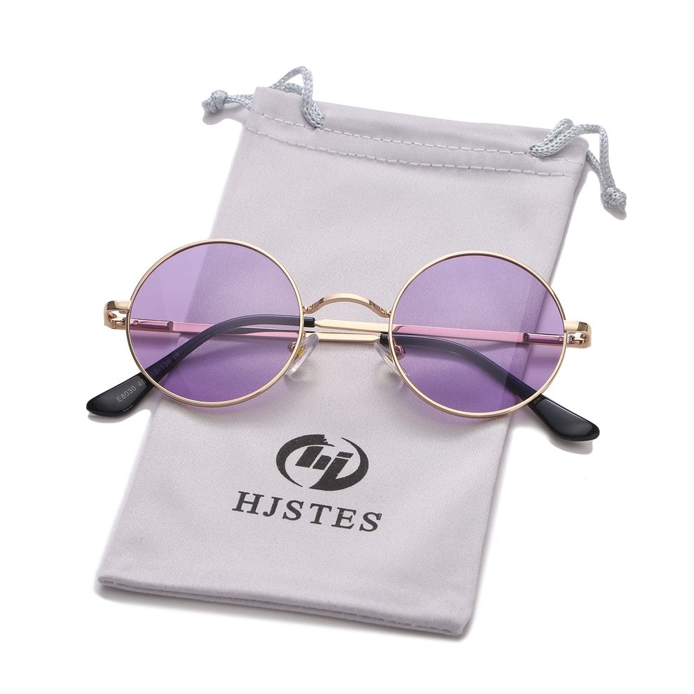 HJSTES Polarized Round Sunglasses Womens Men Retro Hippie Glasses Small Circle Sunnies(Gold/Purple)