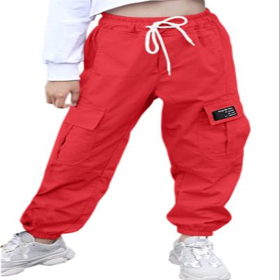 AOWKULAE Big Girls Cargo Pants, Drawstring Elastic Waist Loose Tapered Cargo Jogger Pants with Multi Pockets for Girl, A-Red, 14-16 Years = Tag 180