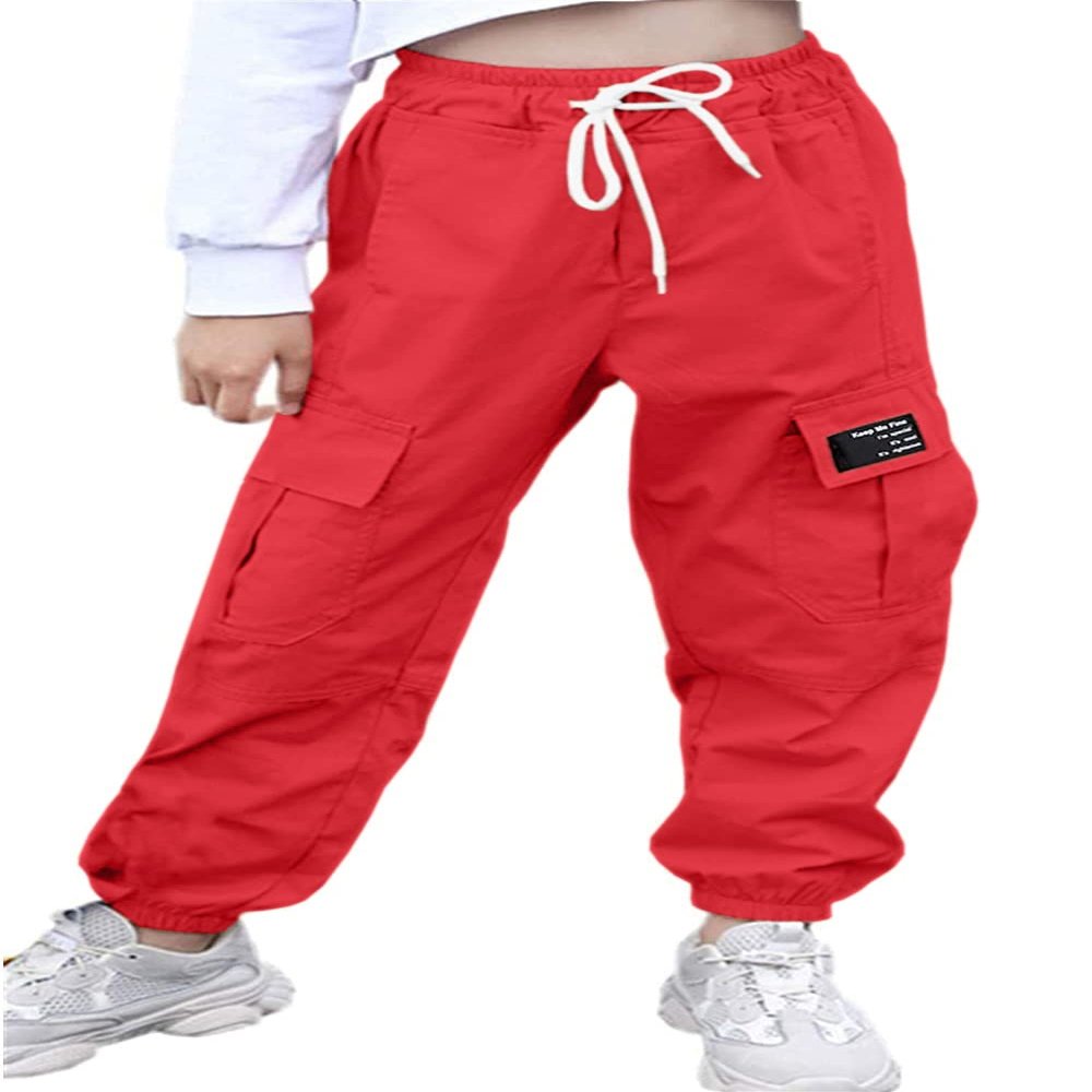 AOWKULAE Big Girls Cargo Pants, Drawstring Elastic Waist Loose Tapered Cargo Jogger Pants with Multi Pockets for Girl, A-Red, 13-14 Years = Tag 170