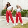 AOWKULAE Big Girls Cargo Pants, Drawstring Elastic Waist Loose Tapered Cargo Jogger Pants with Multi Pockets for Girl, A-Red, 13-14 Years = Tag 170 view 2