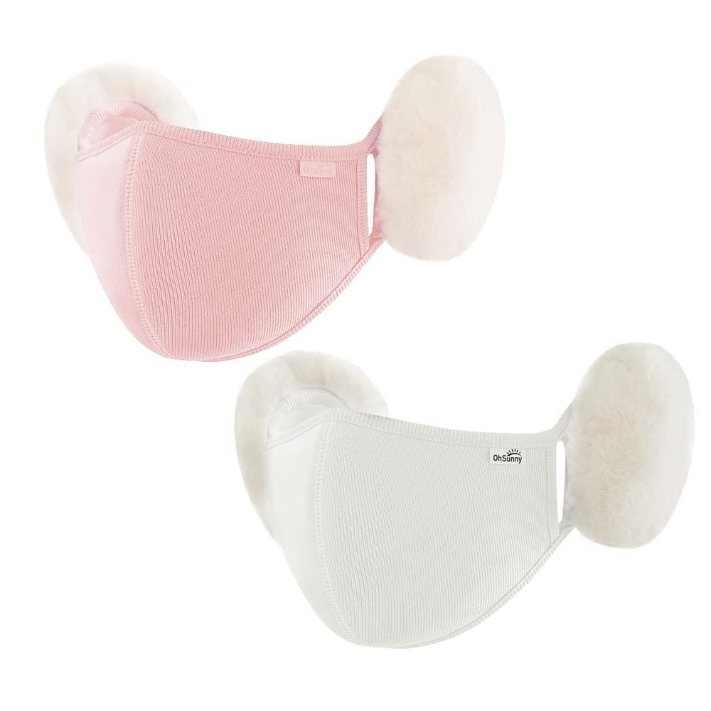 2 Packs Women's Winter Mask with Faux Fur Earmuffs Balaclava Outdoor Protect Face Cover for Cycling Hiking SLN2T098X2 (Pink+White)