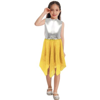 JanJean Kids Girls Sparkly Sequins Metallic Irregular Lyrical Ballet Dance Dress Latin Modern Contemporary Dancewear Yellow 8 Years