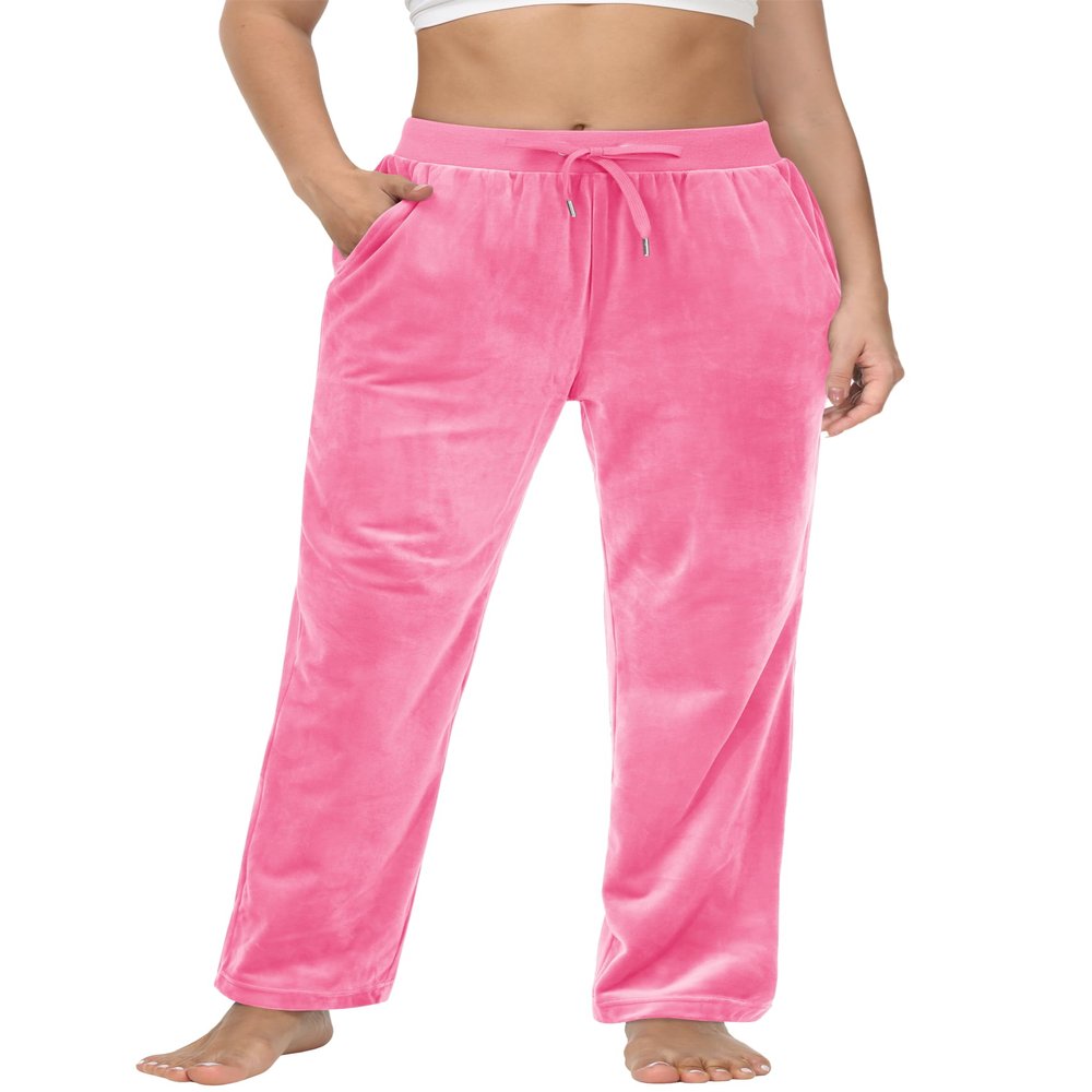 MAGCOMSEN Women's Velvet Pants Drawstring Waist Straight Leg Pant Casual Lounge Fleece Sweatpants Fluorescent Pink L