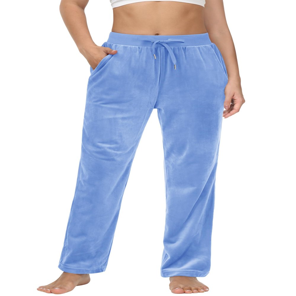 MAGCOMSEN Velour Pants for Women Soft Straight Leg High Waist Sweatpants Velvet Pajama with Pockets Light Blue 2XL