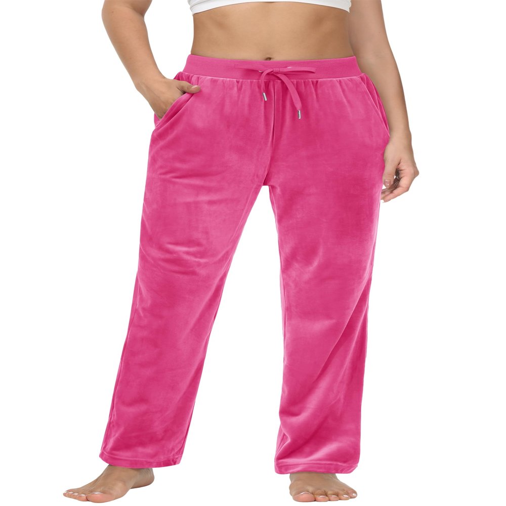 MAGCOMSEN Velvet Pants for Women High Waisted Straight Leg Stretch Elastic Waist Pull On Pant Fleece Pajama Rose M