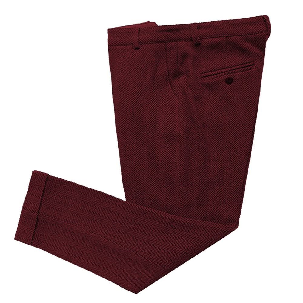 Ceehuteey Men's Regular Fit Tweed Wool Dress Pants Flat Front Herringbone Trousers(Burgundy, 34W x 32L)