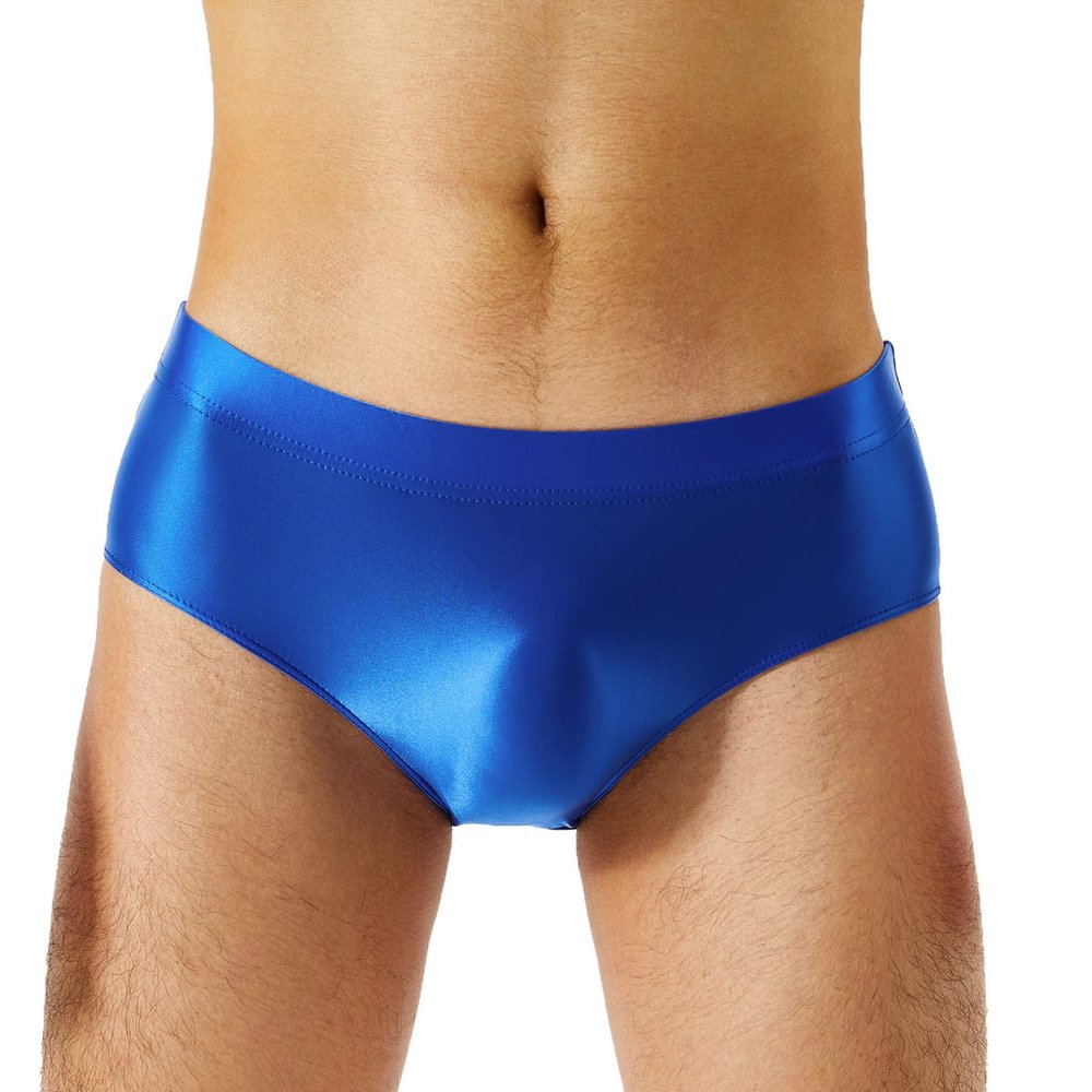 dPois Mens Oil Glossy Board Shorts Low Rise Bulge Pouch Brief Sissy Underwear Lingerie Swim Trunks Blue XX-Large