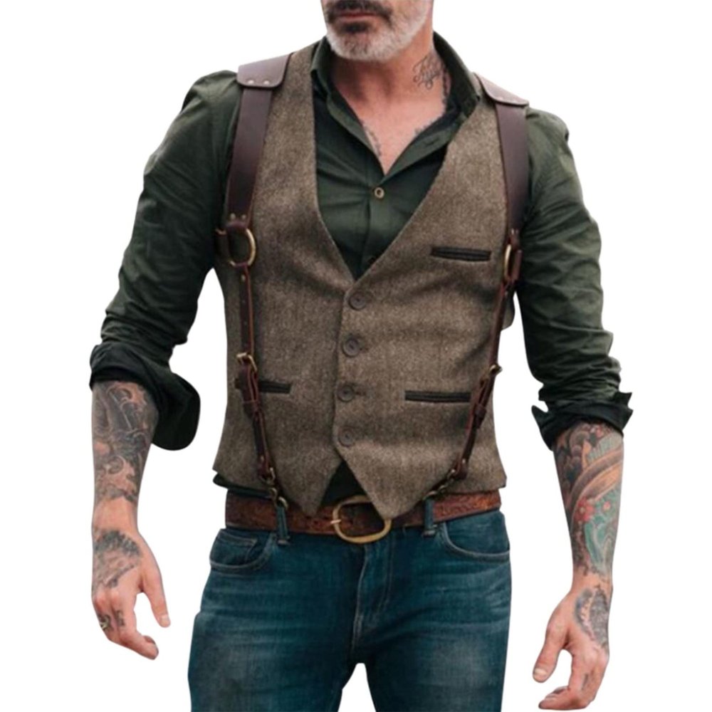 Mens Vintage Suit Vests V-Neck Sleeveless Slim Fit Jacket Casual Button Down Business Formal Dress Vest Waistcoats Brown