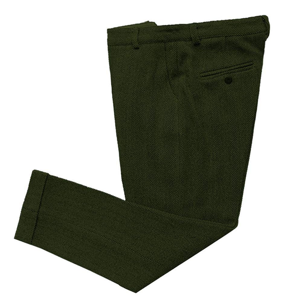Ceehuteey Men's Regular Fit Tweed Wool Dress Pants Flat Front Herringbone Trousers(Army Green, 29W x 28L)