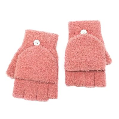 Coral Velvet Knitted Warm Convertible Flip Mittens Top Fingerless Women Winter Fleece Ear Warmer (Pink, One Size)