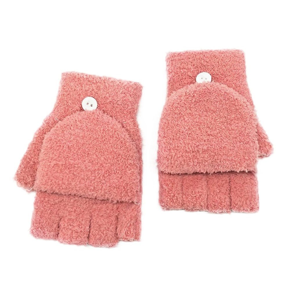 Coral Velvet Knitted Warm Convertible Flip Mittens Top Fingerless Women Winter Fleece Ear Warmer (Pink, One Size)