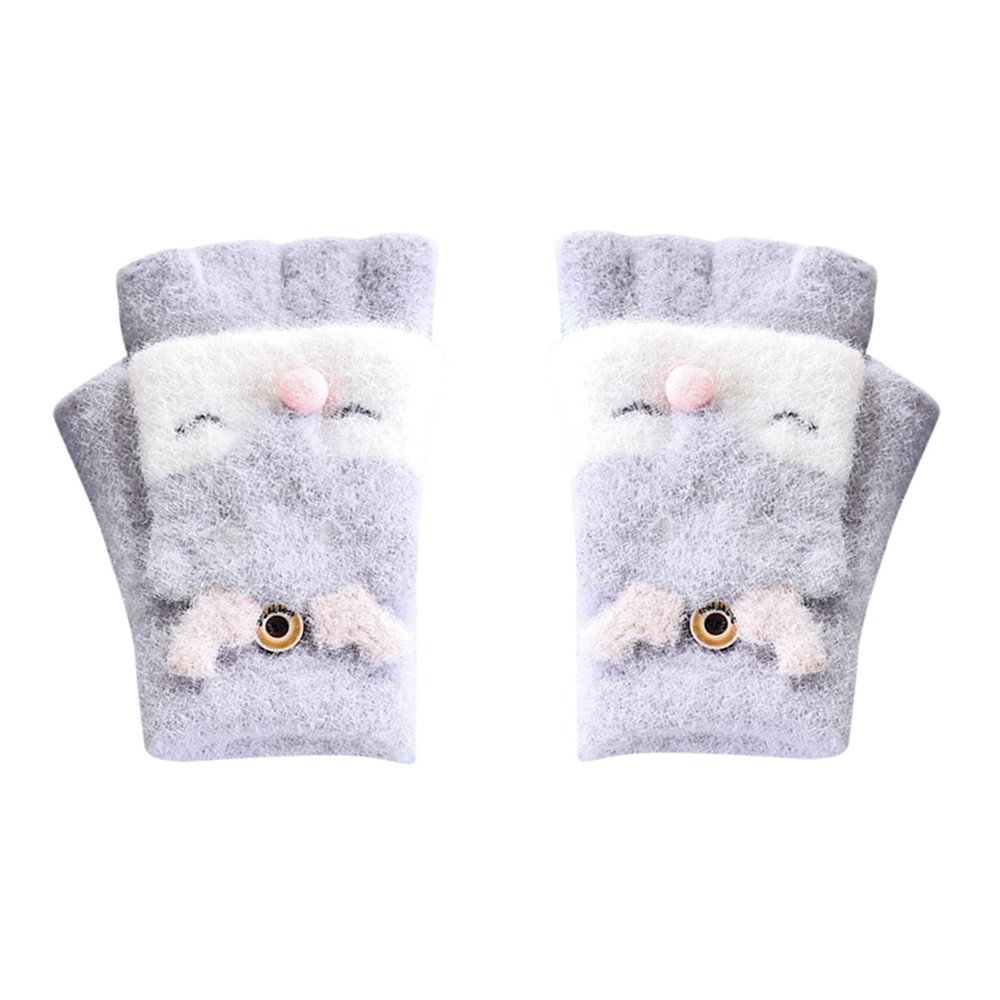 Cartoon Animal Print Knitted Warm Convertible Flip Mittens Top Fingerless Children Winter Gloves Sunhat (Grey, One Size)