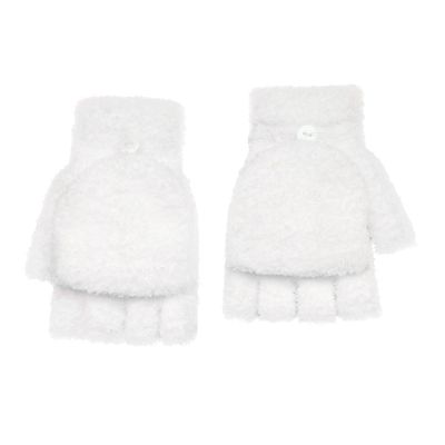 Coral Velvet Knitted Warm Convertible Flip Mittens Top Fingerless Women Winter Fleece Ear Warmer (White, One Size)