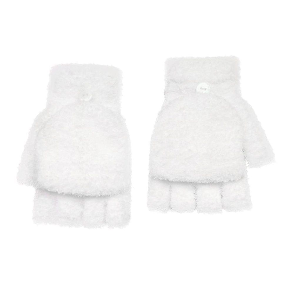 Coral Velvet Knitted Warm Convertible Flip Mittens Top Fingerless Women Winter Fleece Ear Warmer (White, One Size)