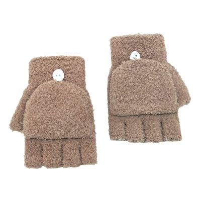 Coral Velvet Knitted Warm Convertible Flip Mittens Top Fingerless Women Winter Fleece Ear Warmer (Khaki, One Size)