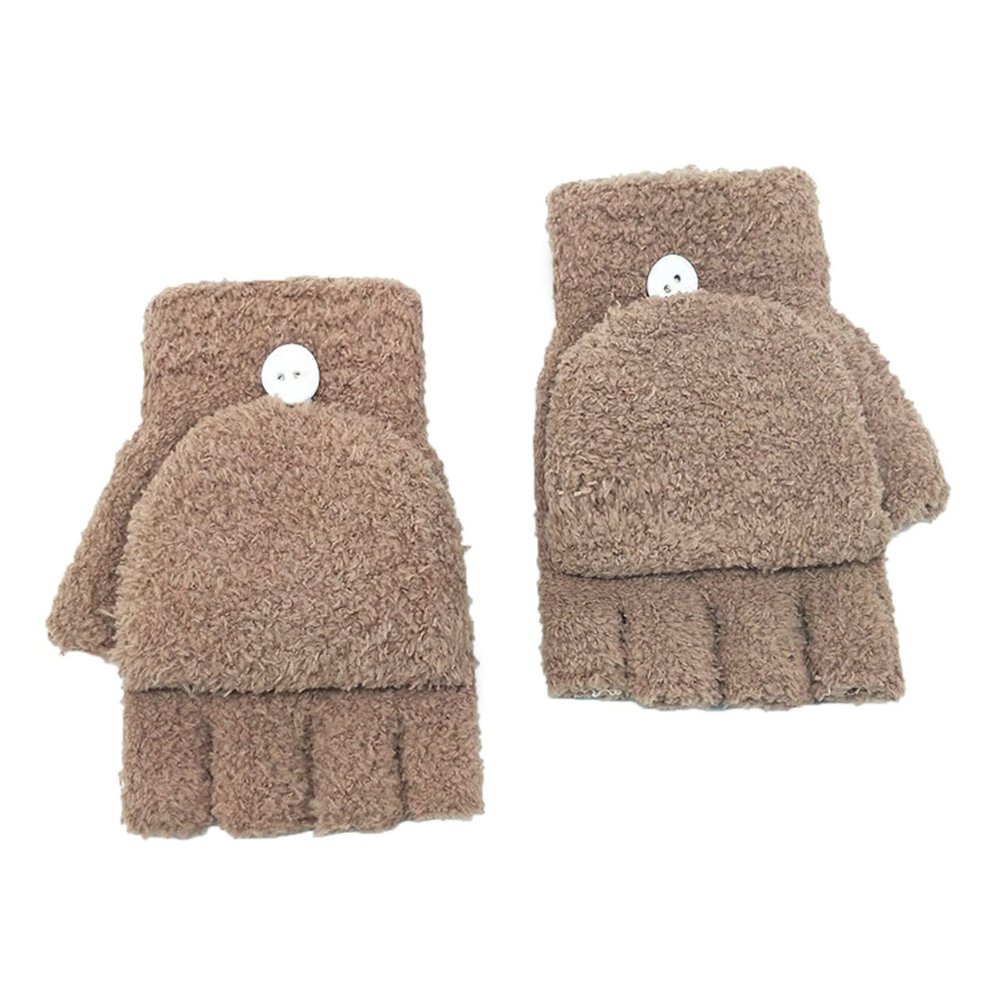 Coral Velvet Knitted Warm Convertible Flip Mittens Top Fingerless Women Winter Fleece Ear Warmer (Khaki, One Size)