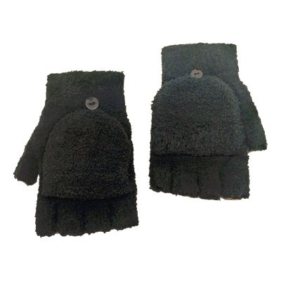 Coral Velvet Knitted Warm Convertible Flip Mittens Top Fingerless Women Winter Fleece Ear Warmer (Black, One Size)