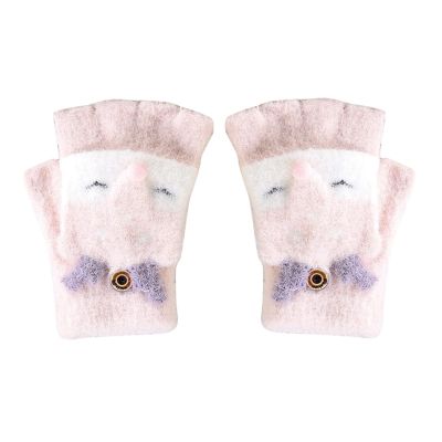 Cartoon Animal Print Knitted Warm Convertible Flip Mittens Top Fingerless Children Winter Gloves Sunhat (Pink, One Size)