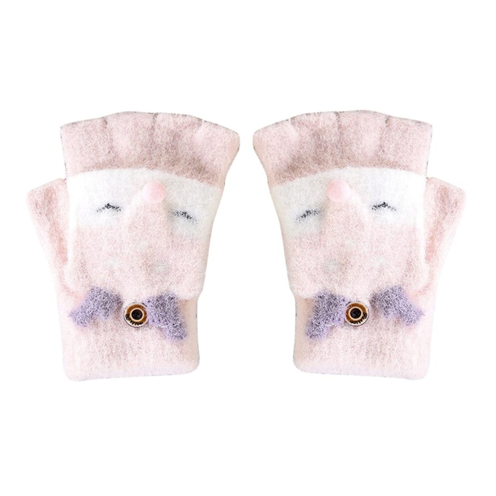 Cartoon Animal Print Knitted Warm Convertible Flip Mittens Top Fingerless Children Winter Gloves Sunhat (Pink, One Size)