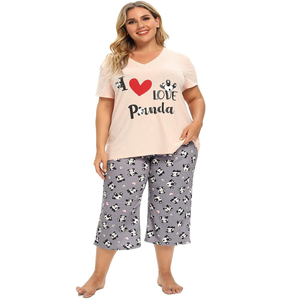 Vozanet Women's Pajamas Set Soft V Neck Sleepwear Top and Capri Pj Plus Size Lounge Sets Cartoon Lovely Panda Nighty, Love Panda, 4X-Large