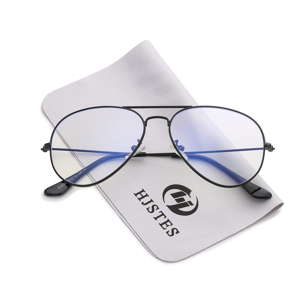 HJSTES Clear Lens Aviator Glasses Blue Light for Women Men Classic Pilot Frame Non-prescription Eyeglasses(Black)