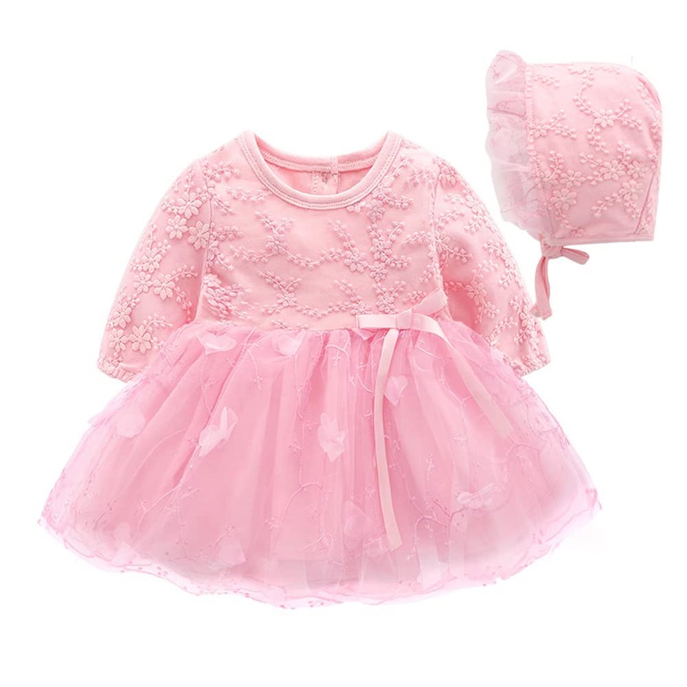 Baby Girl Dress Embroidery Lace Dresses Long Sleeve Toddler Baptism Christening Tutu Dress for Party Wedding Birthday Full Moon Baptism Picnic Photo Shoot Cake Smash with Hat Pink Dress 3-6 M