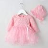 Baby Girl Dress Embroidery Lace Dresses Long Sleeve Toddler Baptism Christening Tutu Dress for Party Wedding Birthday Full Moon Baptism Picnic Photo Shoot Cake Smash with Hat Pink Dress 3-6 M view 2