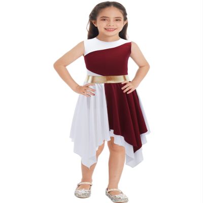 Oyolan Kids Girls One Shoulder Lyrical Praise Dance Dress Sleeveless Color Block Tunic Liturgical Worship Costume Red 14 Years